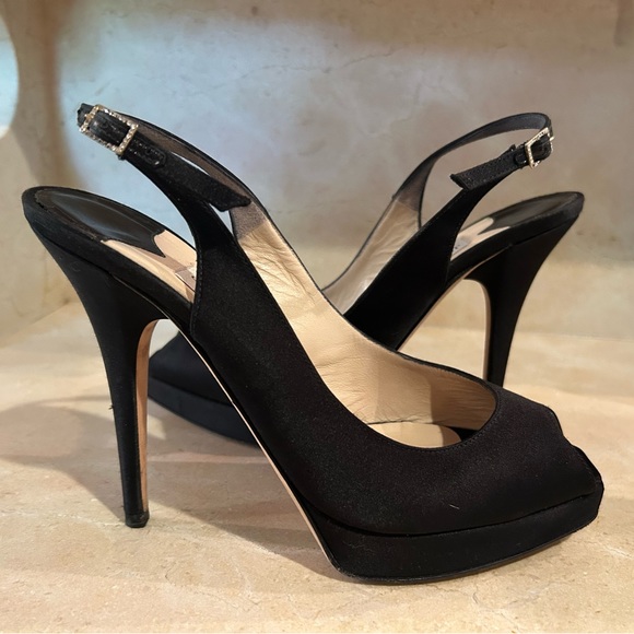 Jimmy Choo Black Satin Peep Toe Platform Slingback Heel - Picture 1 of 7